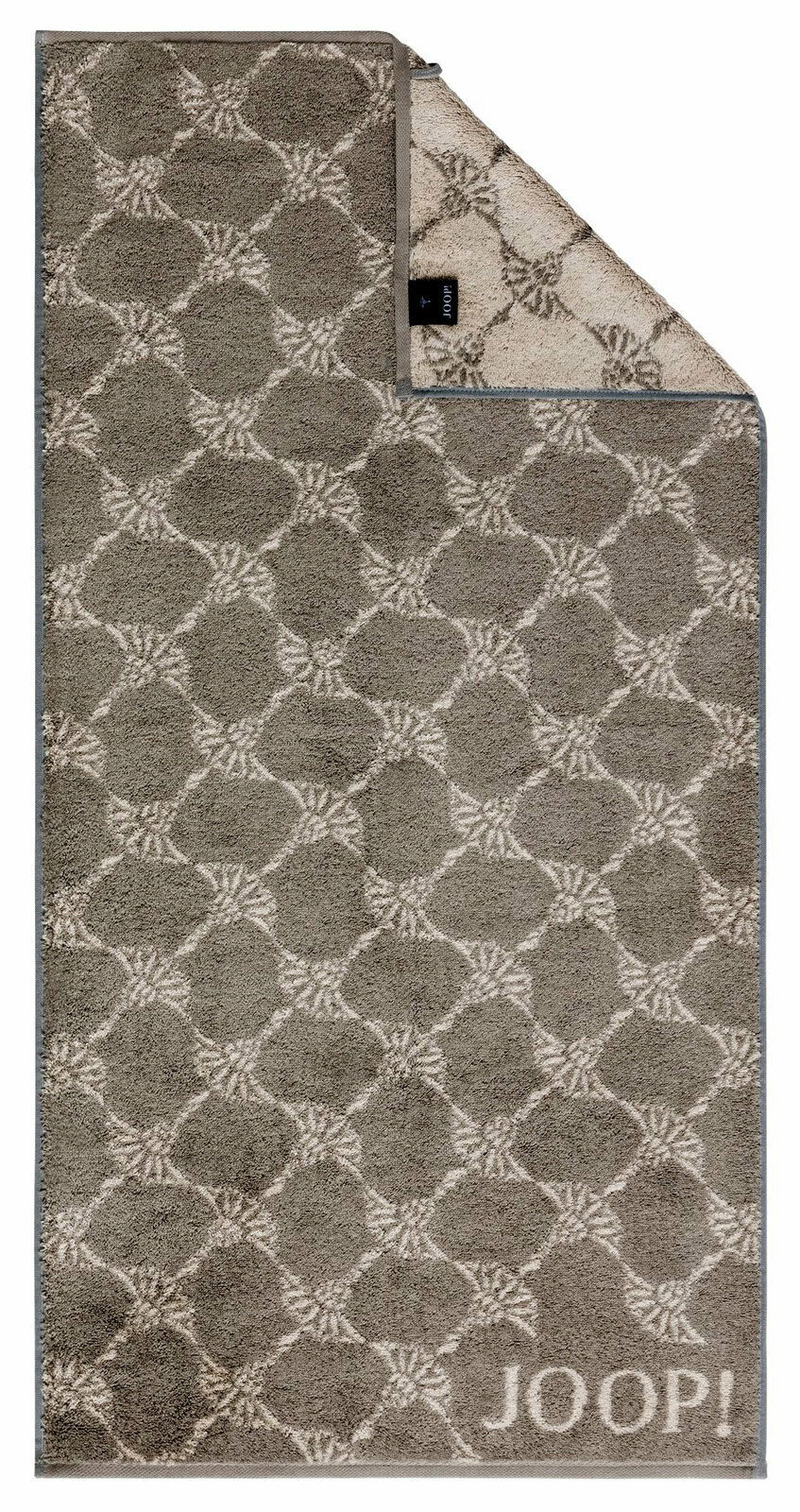 Handtuch mit geometrischem Muster in Grau- und Beigetönen, Markenname 'JOOP!' sichtbar, Draufsicht