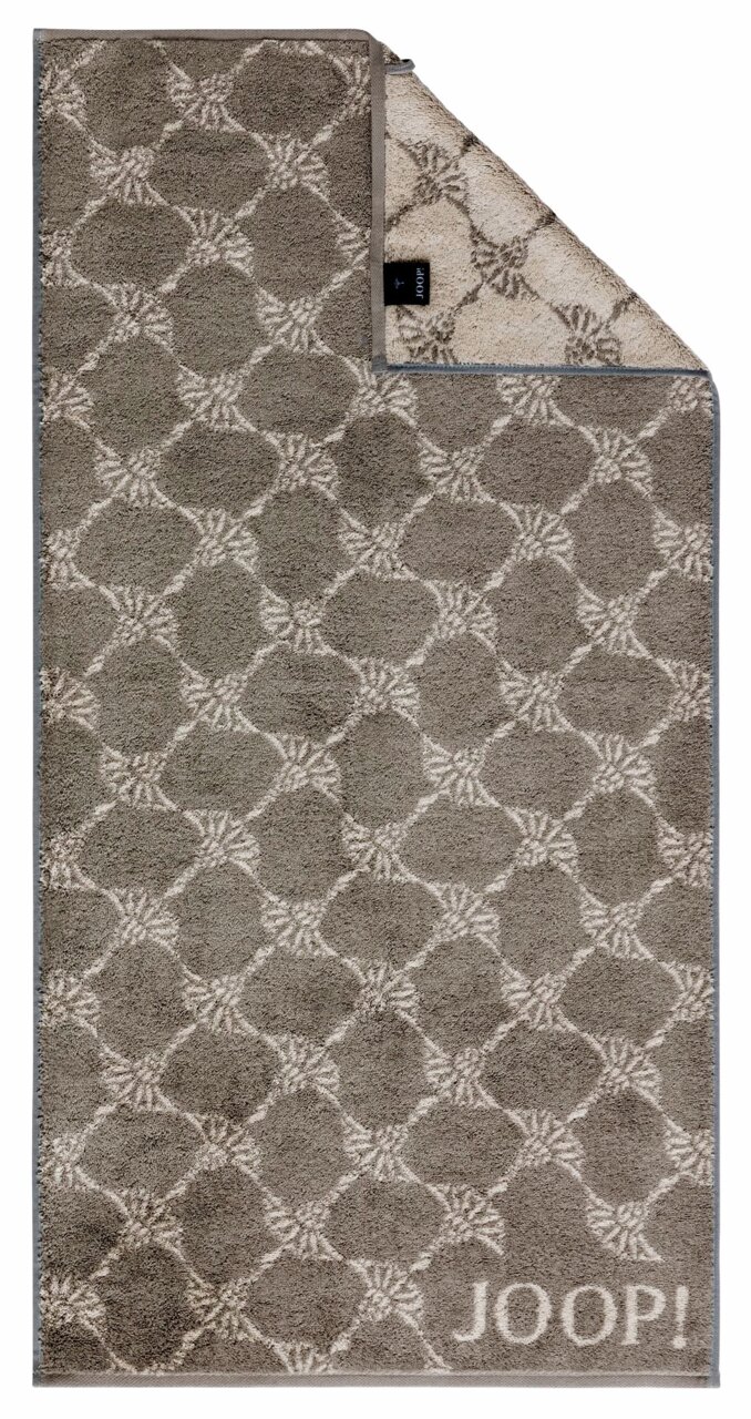 Handdoek met geometrisch patroon in grijze en beige tinten, merknaam 'JOOP!' zichtbaar, bovenaanzicht