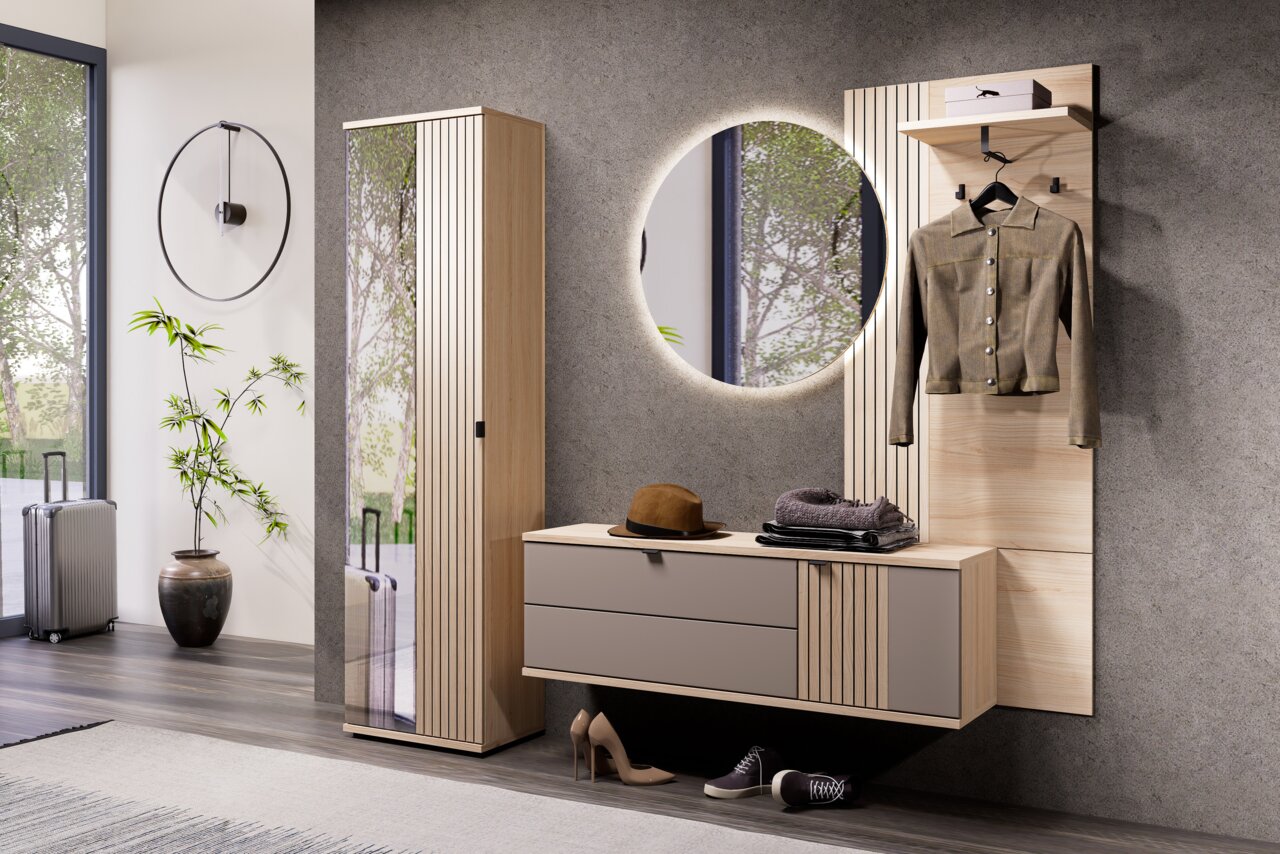 XORA Garderobenpaneel PISA Modernes Flurmöbel-Set aus hellem Holz mit Garderobenpaneel, rundem beleuchtetem Wandspiegel, schwebender Kommode mit Schubladen und hohem Schrank mit Spiegeltür, in schräger Frontansicht im Eingangsbereich