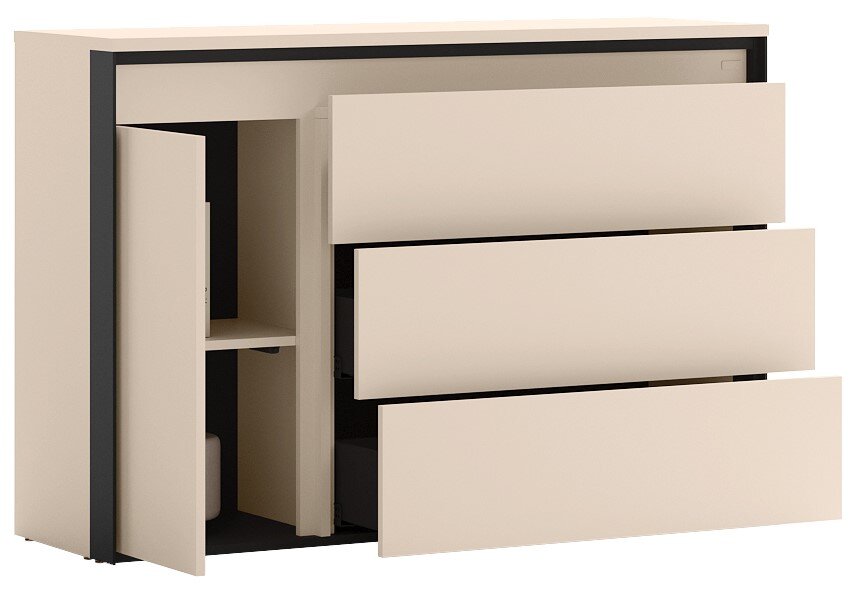 Moderne beige ladekast met drie uittrekbare lades en een openstaande deur met binnenplanken, getoond in schuin vooraanzicht