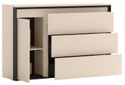Moderne beige ladekast met drie uittrekbare lades en een openstaande deur met binnenplanken, getoond in schuin vooraanzicht