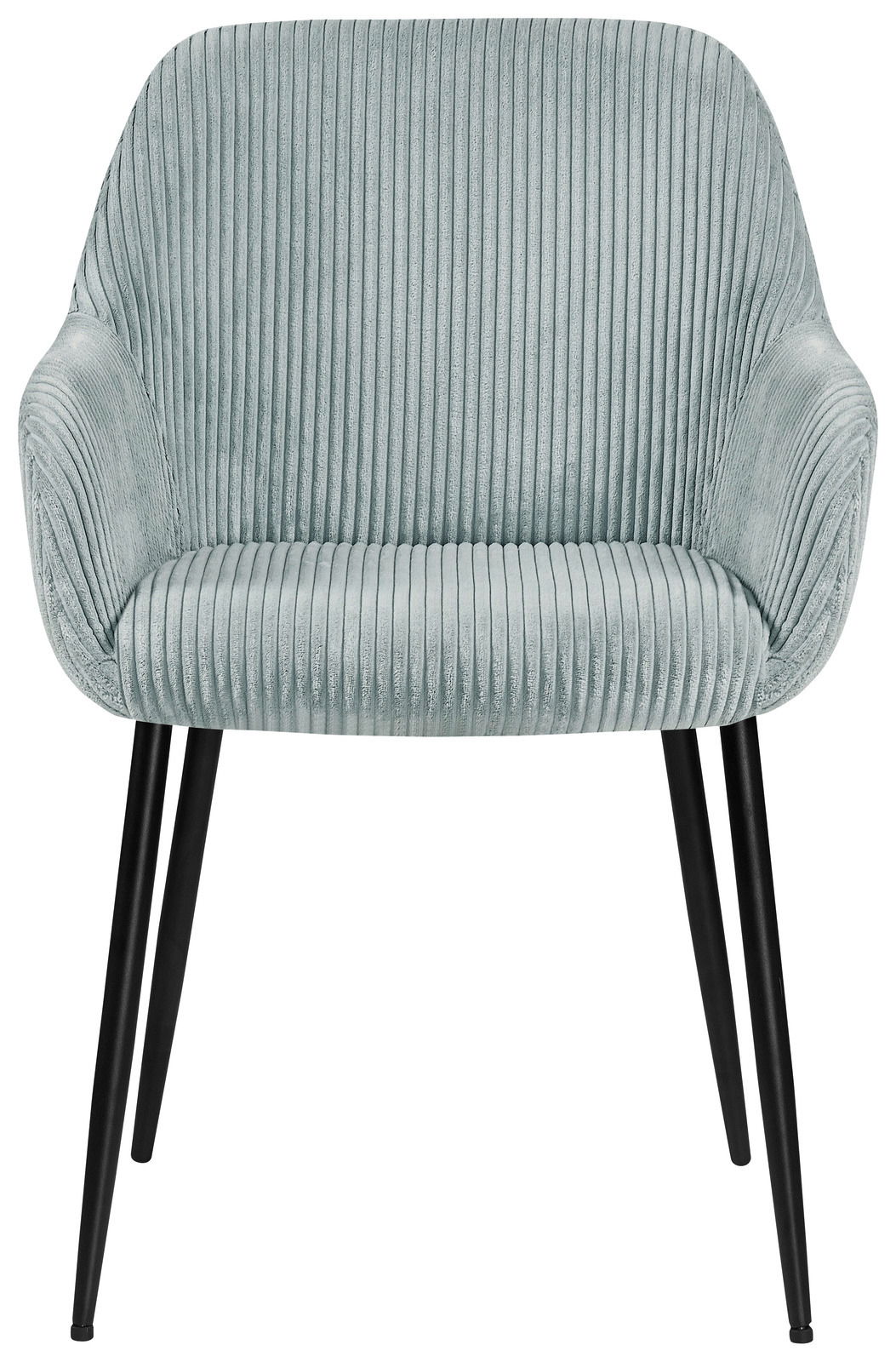 Frontansicht eines Armlehnstuhls mit geripptem Stoffbezug in Hellgrau und schwarzen Metallbeinen.