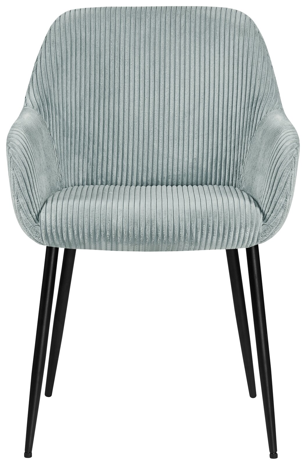 Frontansicht eines Armlehnstuhls mit geripptem Stoffbezug in Hellgrau und schwarzen Metallbeinen.