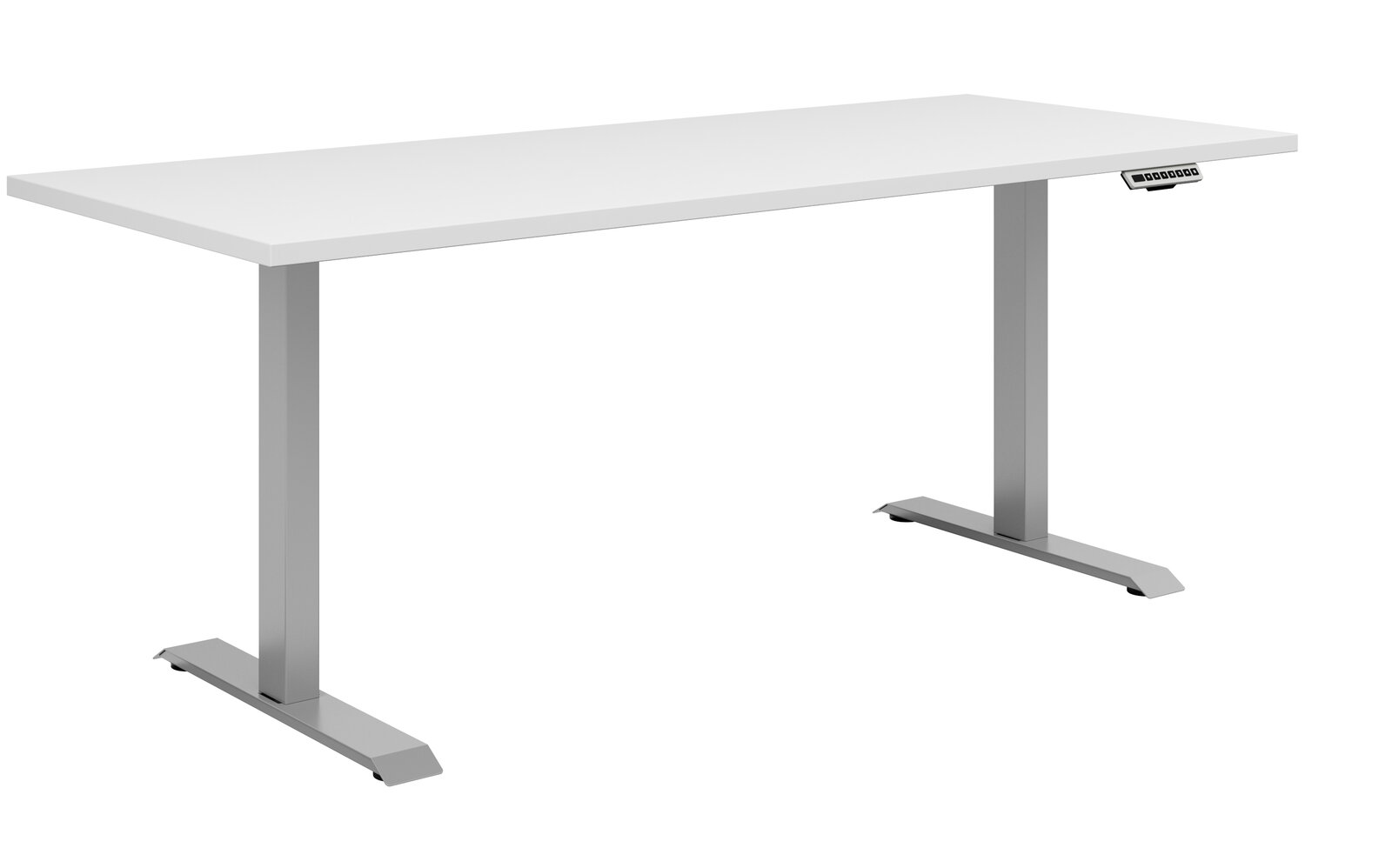 Voleo E-Schreibtisch CONNECT Moderner E-Schreibtisch mit weißer Tischplatte und grauem Gestell, seitliche Perspektive