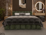 Grünes Polsterbettgestell in einem stilvoll eingerichteten Schlafzimmer, frontal betrachtet, mit eleganter Wanddekoration und modernen Möbeln.