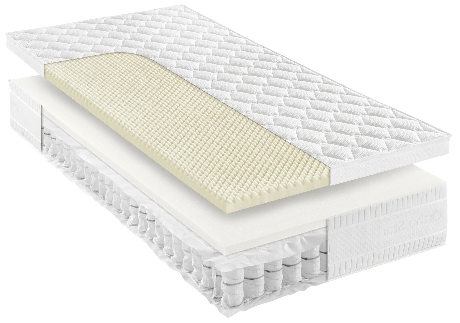 Querschnitt einer Taschenfederkernmatratze H3 mit mehreren Schichten, darunter eine gepolsterte Oberfläche, Schaumstoff und Federn, aus seitlicher Perspektive.