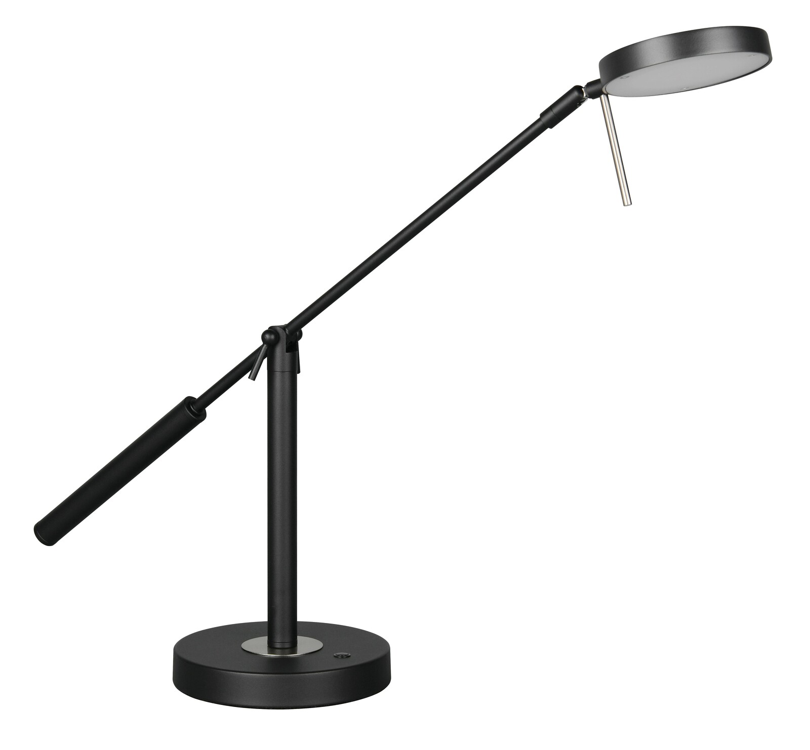 Schwarze LED-Schreibtischleuchte mit verstellbarem Arm, seitliche Perspektive