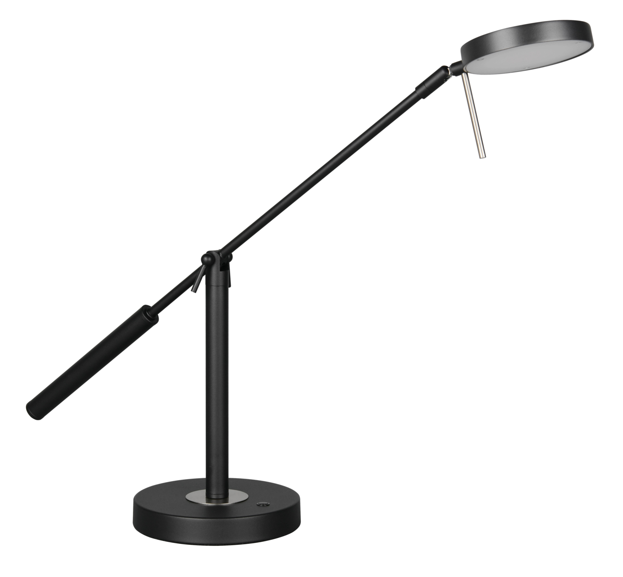 Schwarze LED-Schreibtischleuchte mit verstellbarem Arm, seitliche Perspektive