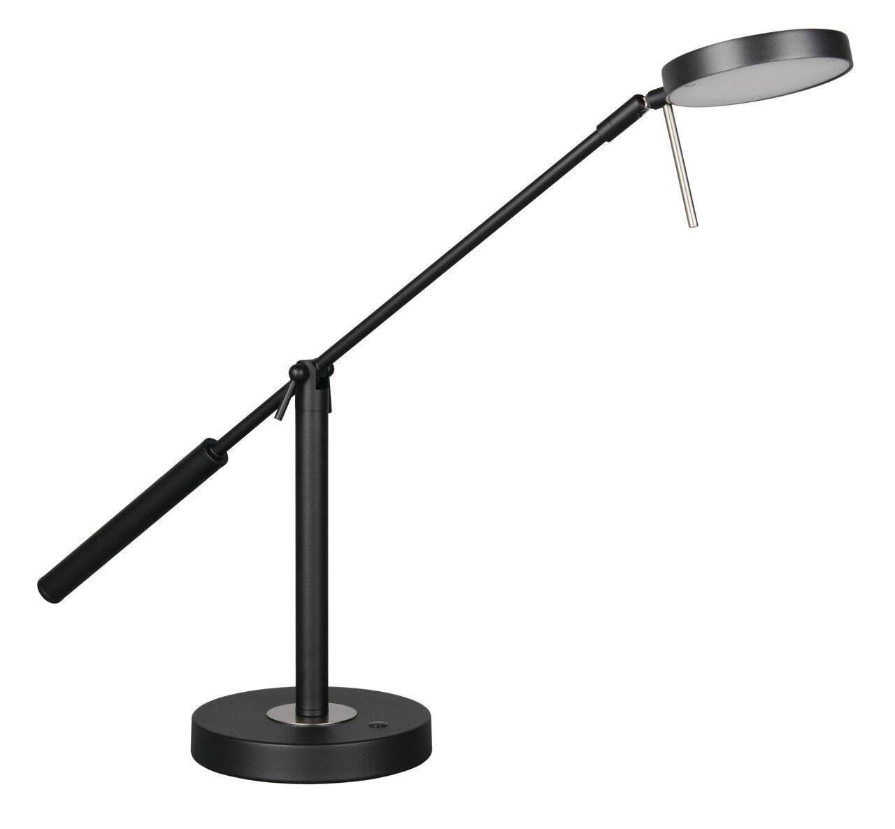 Schwarze LED-Schreibtischleuchte mit verstellbarem Arm, seitliche Perspektive