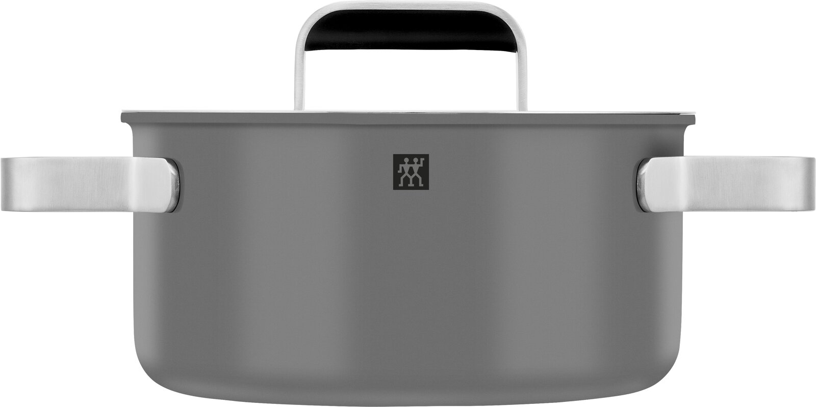 Grauer Kochtopf mit zwei Griffen und Deckel, Vorderansicht