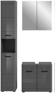 Moderne Badkombination in dunklem Grau, bestehend aus einem hohen Schrank, einem zweitürigen Spiegelschrank und einem Unterschrank mit zwei Schubladen, frontal abgebildet.