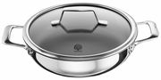 Edelstahl-Bräter/Schmorpfanne mit Glasdeckel und zwei Griffen, Schulte-Ufer Logo, Ansicht leicht von oben (Frontansicht)