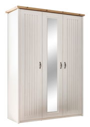 Dreitüriger Kleiderschrank in Weiß mit Holzdetails und integriertem Spiegel, seitliche Perspektive