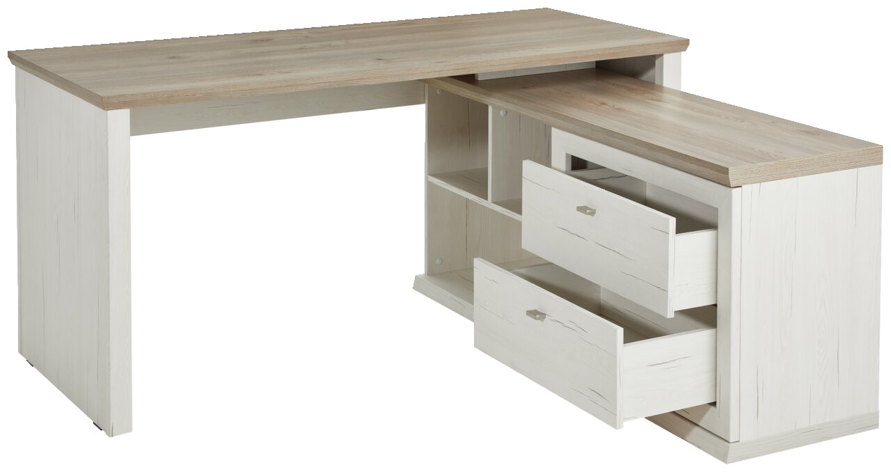 Eckschreibtisch in Holzoptik mit zwei offenen Schubladen, seitliche Perspektive