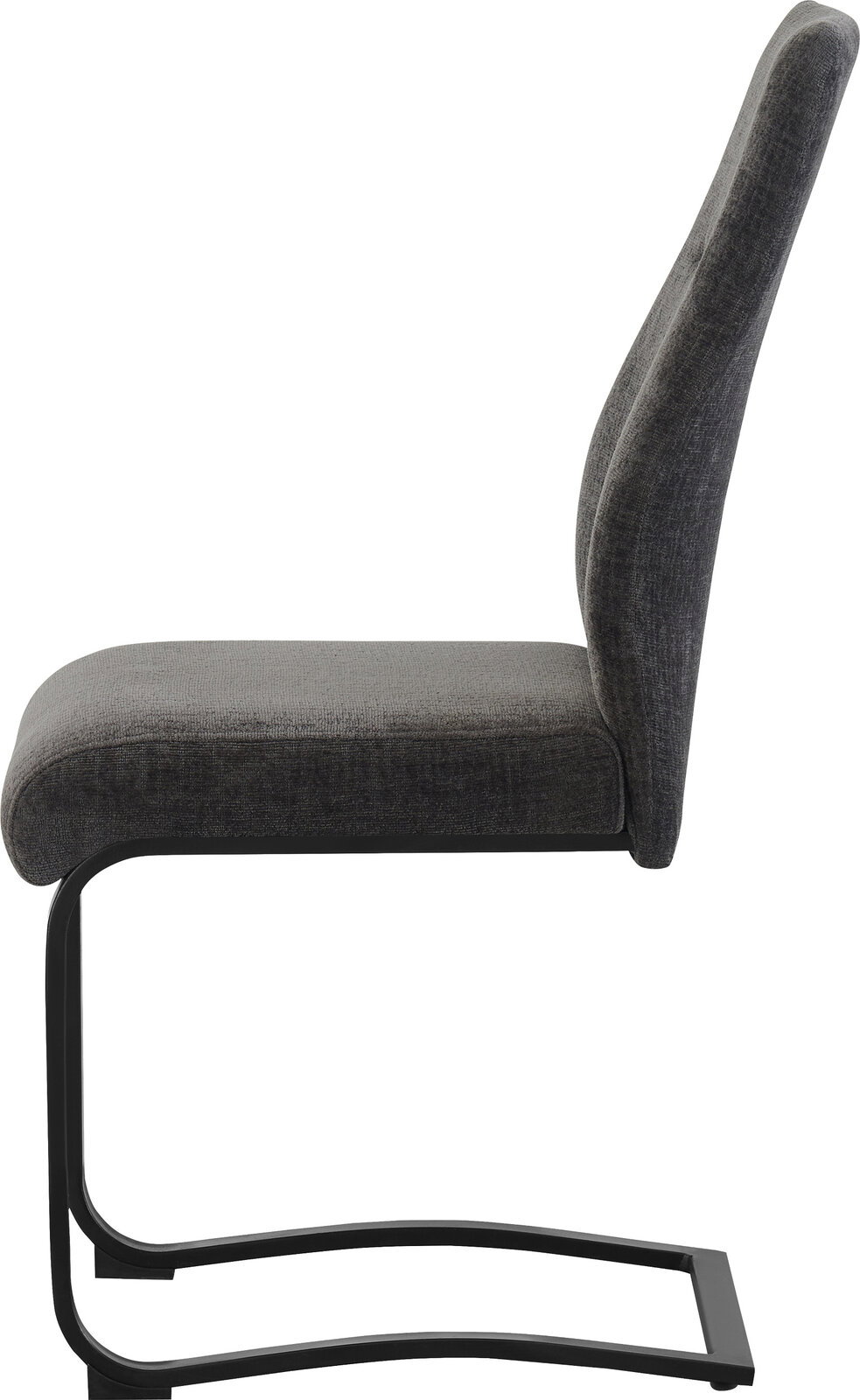 Gepolsterter Esszimmerstuhl in Dunkelgrau mit Stoffbezug und schwarzem Freischwinger-Metallgestell, Seitenansicht von links vor weißem Hintergrund
