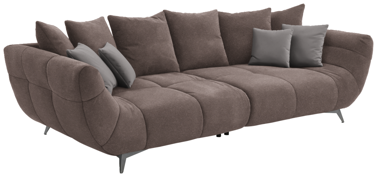 Großes, modernes Sofa in braunem Stoff mit mehreren Kissen, seitliche Perspektive