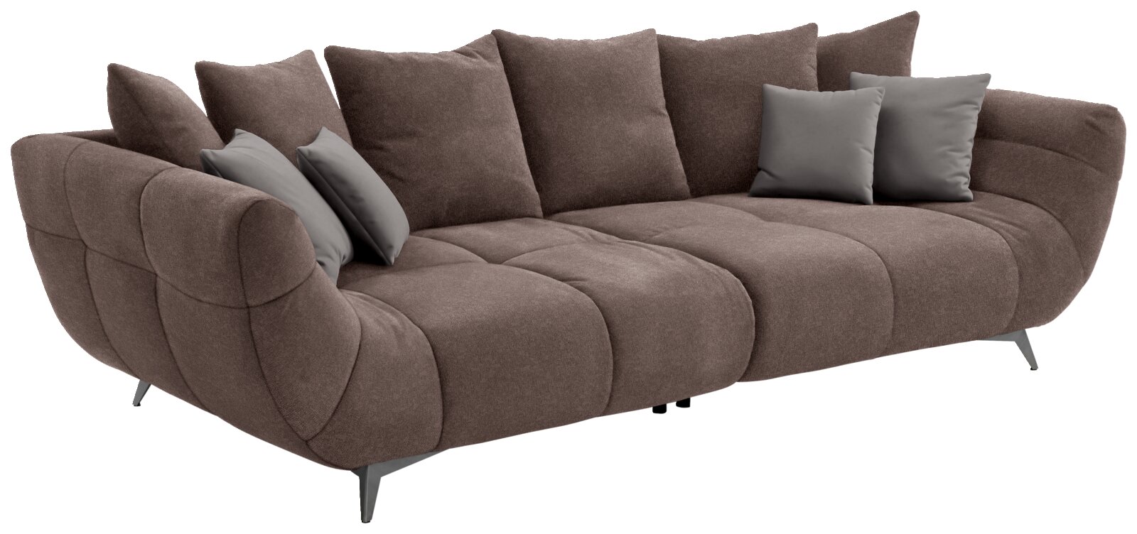 Großes, modernes Sofa in braunem Stoff mit mehreren Kissen, seitliche Perspektive