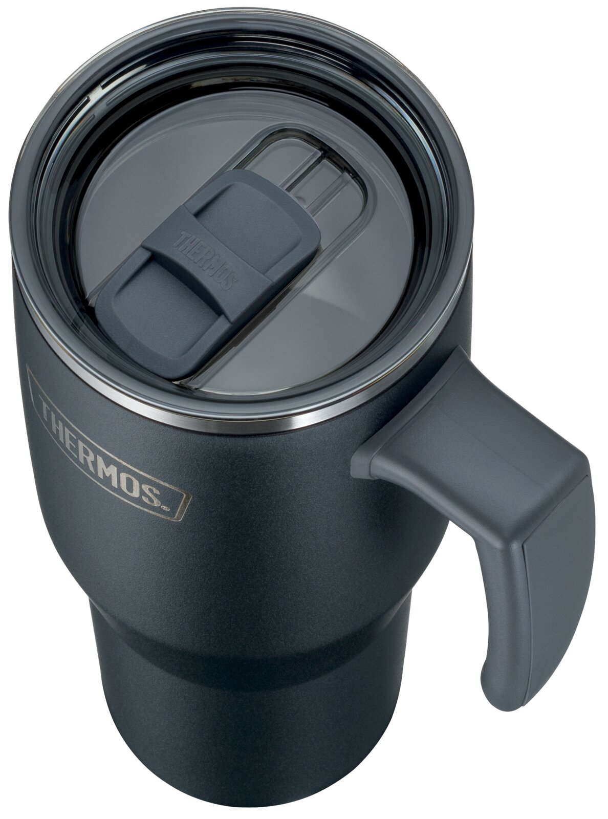 Donkergrijze Thermos-isoleerbeker met handgreep en transparant schuifdeksel, schuin van boven afgebeeld