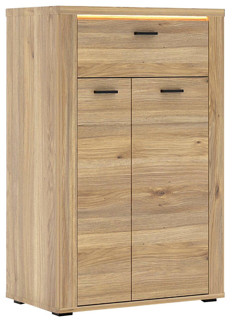 Schuhschrank aus Holz mit zwei Türen und einer Schublade, Frontansicht