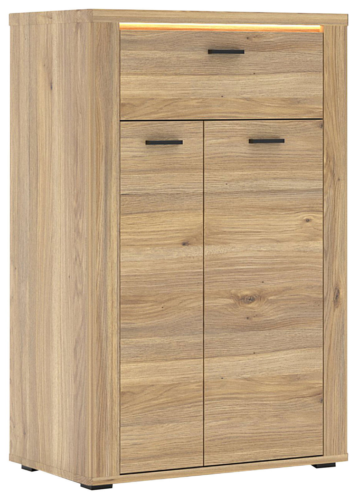 Schuhschrank aus Holz mit zwei Türen und einer Schublade, Frontansicht