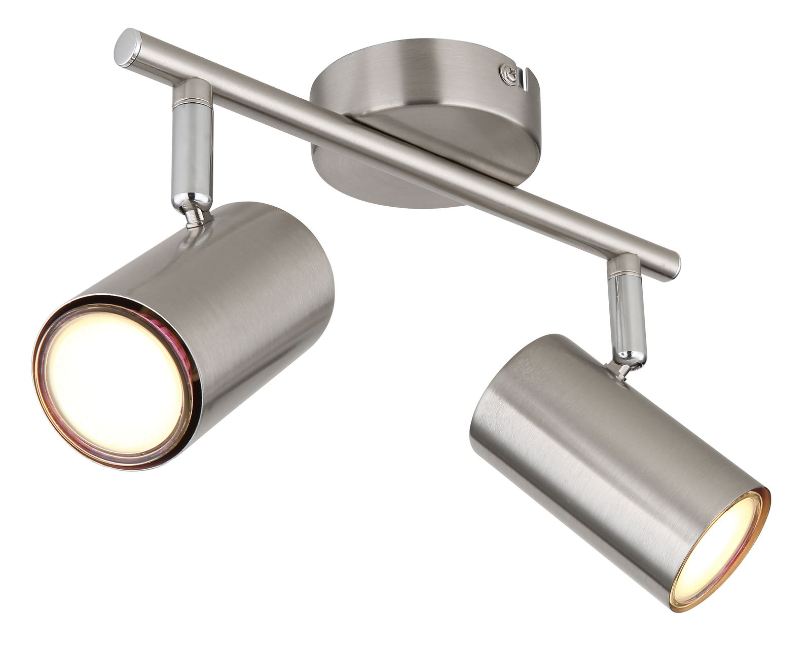 Globo Lighting Strahler ALLVI Zweiflammiger Strahler aus gebürstetem Metall in schräger Perspektive von unten, mit zylindrischen Leuchtenköpfen.
