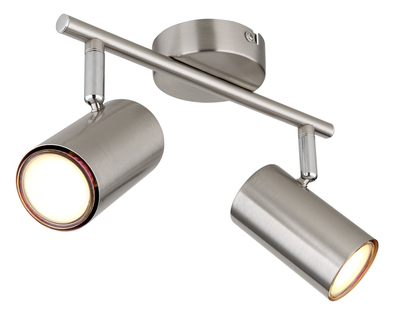 Globo Lighting Strahler ALLVI Zweiflammiger Strahler aus gebürstetem Metall in schräger Perspektive von unten, mit zylindrischen Leuchtenköpfen.