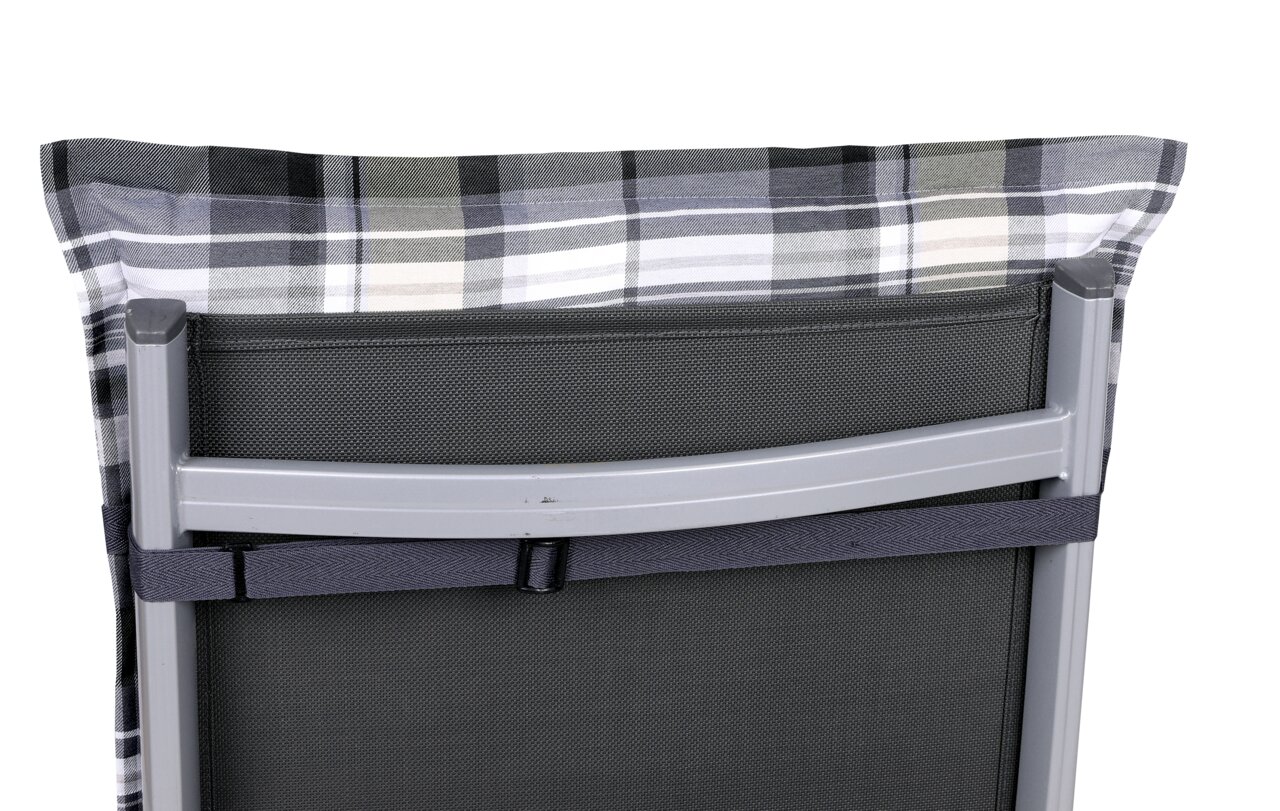 Rückansicht einer Sesselauflage mit grauem, kariertem Muster auf einem Metallrahmen.