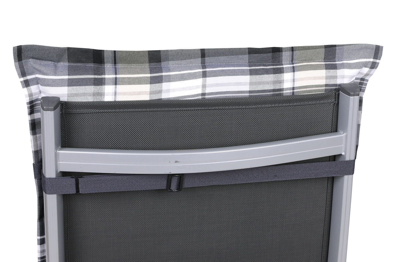 Rückansicht einer Sesselauflage mit grauem, kariertem Muster auf einem Metallrahmen.