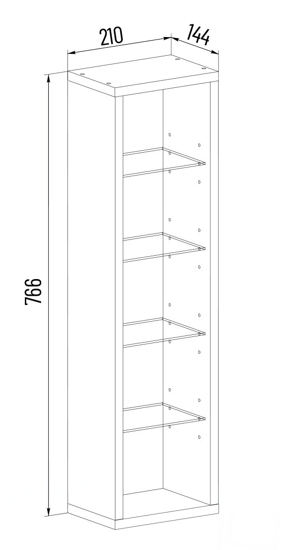Technische Strichzeichnung eines schmalen, offenen Regalschranks mit vier Einlegeböden, Maße ca. 766 mm hoch, 210 mm breit und 144 mm tief, dargestellt in leicht schräger Vorderansicht (3D-Perspektive).