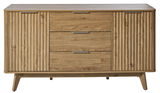 Frontale Ansicht eines Sideboards aus Holz mit drei Schubladen in der Mitte und geriffelten Türen an den Seiten.