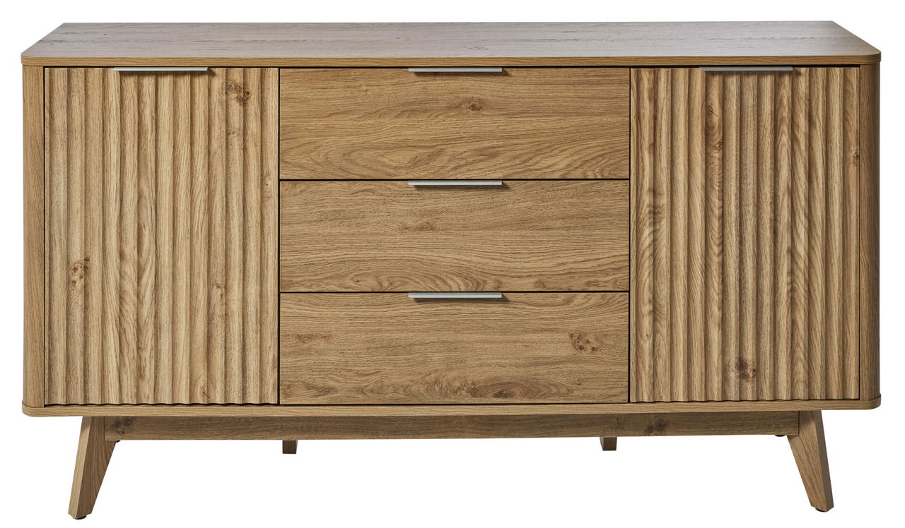 Frontale Ansicht eines Sideboards aus Holz mit drei Schubladen in der Mitte und geriffelten Türen an den Seiten.