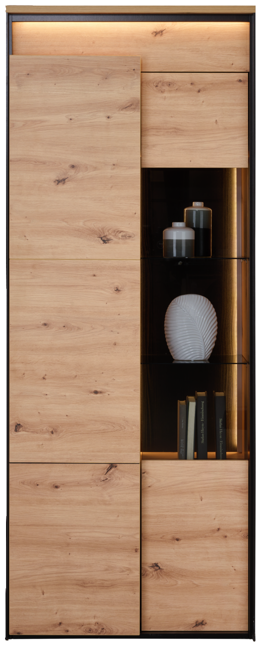 Vitrine aus Holz mit Glaseinsatz, dekoriert mit Büchern und Vasen, frontal betrachtet