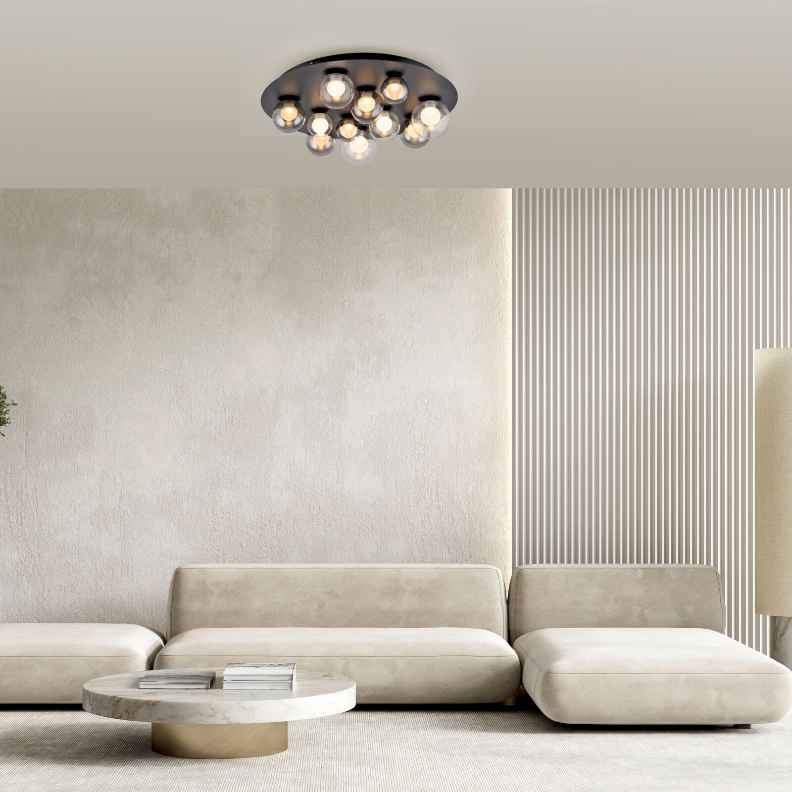 Moderne led-plafondlamp met meerdere lampen, gezien van onderaf, in een stijlvolle woonkamer.