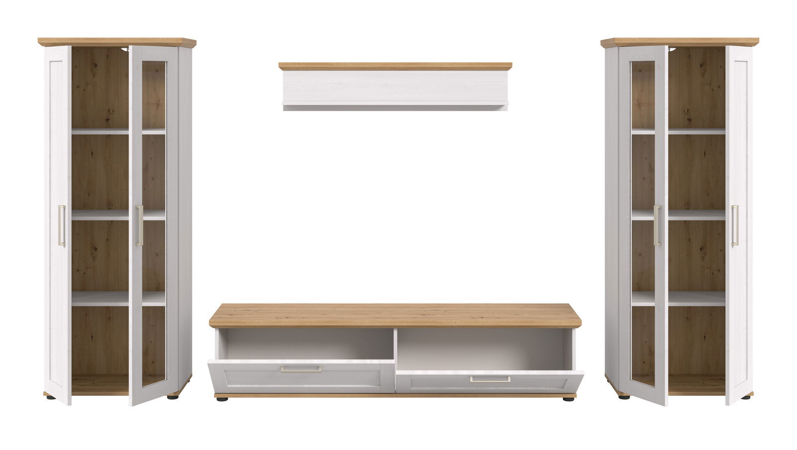 Wohnkombination mit zwei hohen Vitrinen, einem TV-Lowboard und einem Wandregal in Holzoptik, Frontalansicht