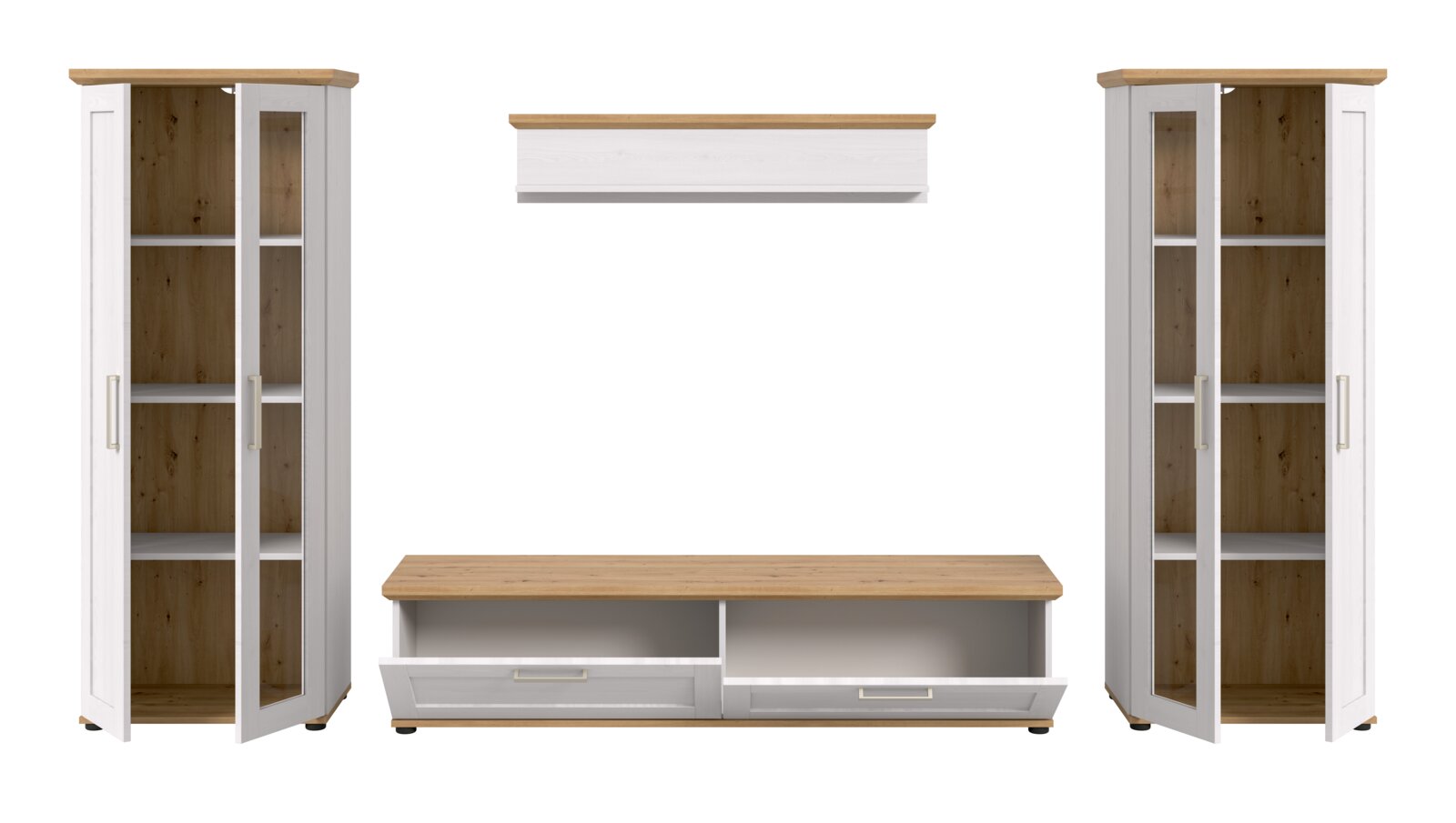 Wohnkombination mit zwei hohen Vitrinen, einem TV-Lowboard und einem Wandregal in Holzoptik, Frontalansicht