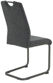 Rückansicht eines modernen Schwingstuhls mit grauem Stoffbezug und schwarzem Metallgestell.