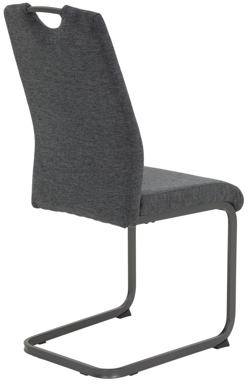 Rückansicht eines modernen Schwingstuhls mit grauem Stoffbezug und schwarzem Metallgestell.