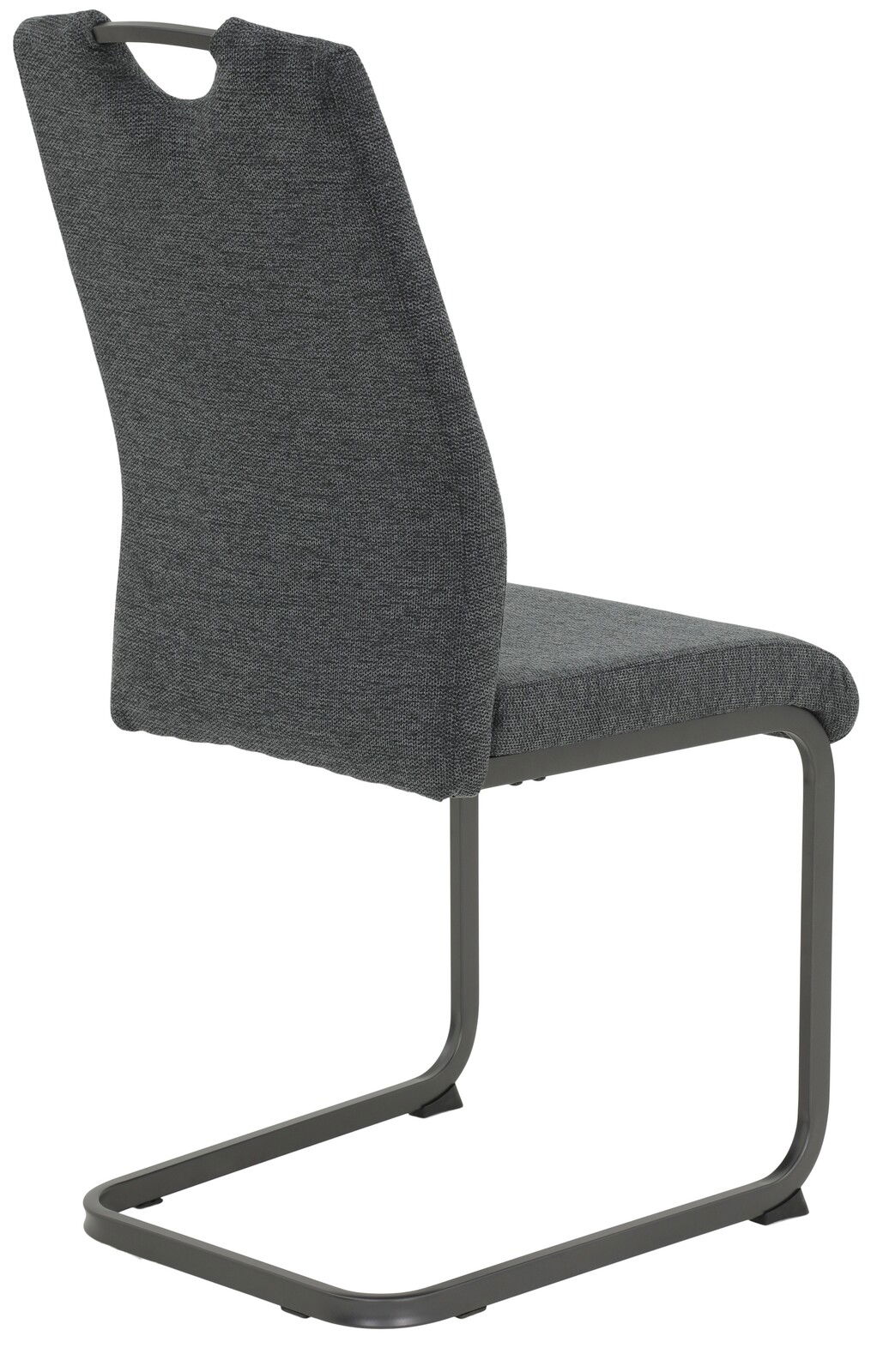 Rückansicht eines modernen Schwingstuhls mit grauem Stoffbezug und schwarzem Metallgestell.