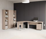 Büroeinrichtung mit Eckschreibtisch und Regalwand in Holzoptik, seitliche Perspektive