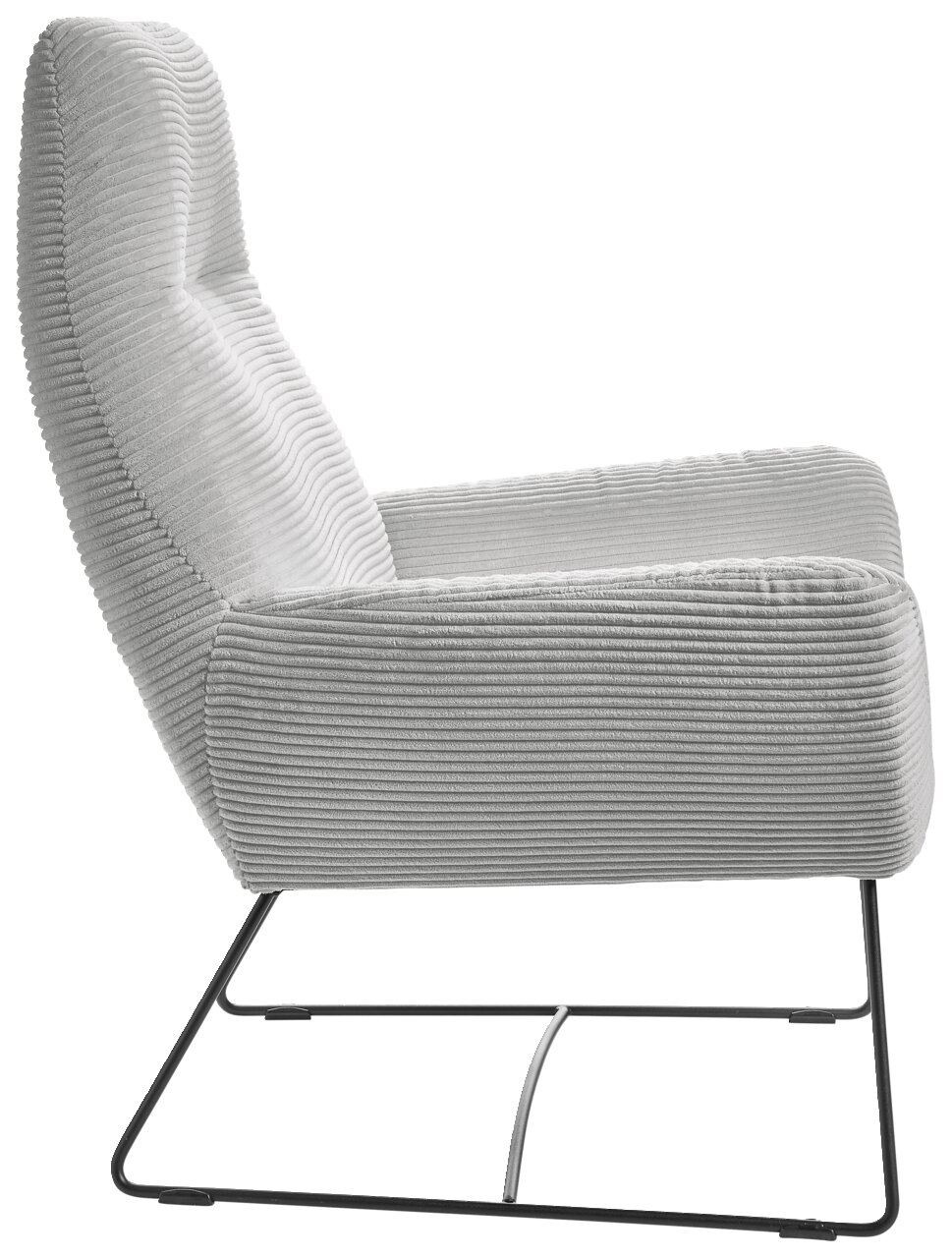 Moderner grauer Sessel mit geripptem Stoffbezug und schlankem Metallgestell, Seitenansicht.