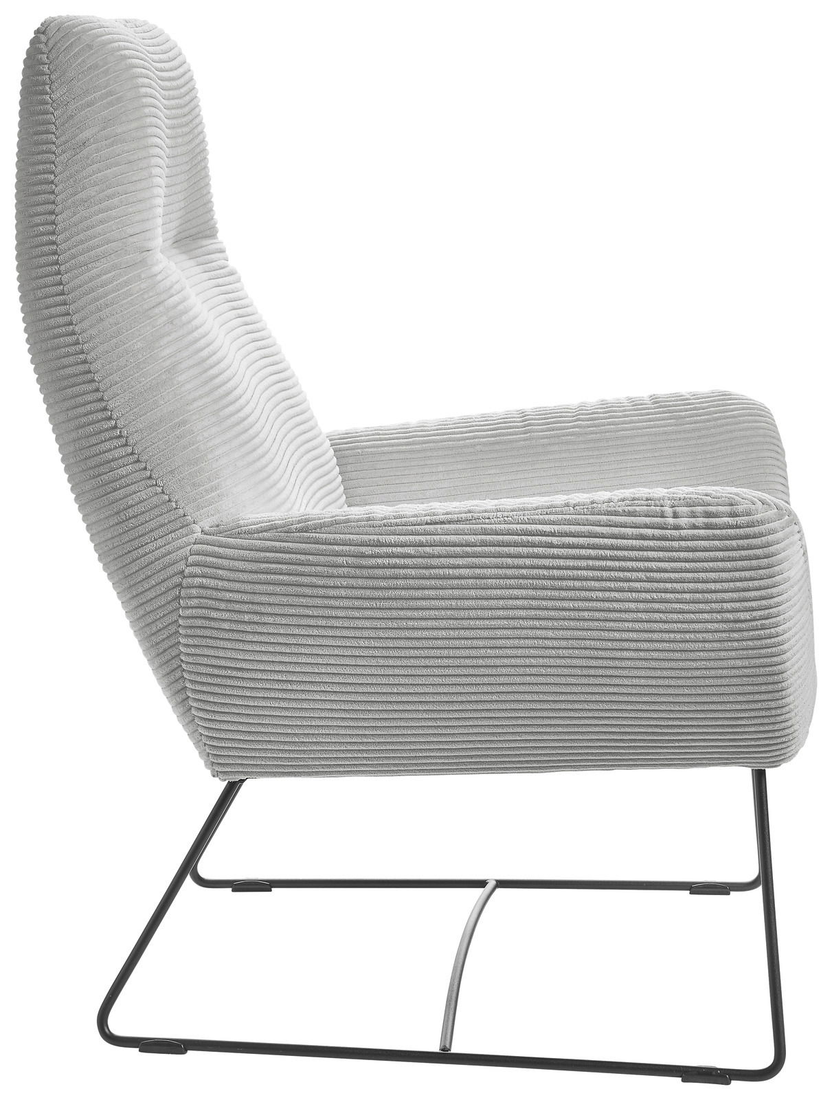 Moderner grauer Sessel mit geripptem Stoffbezug und schlankem Metallgestell, Seitenansicht.