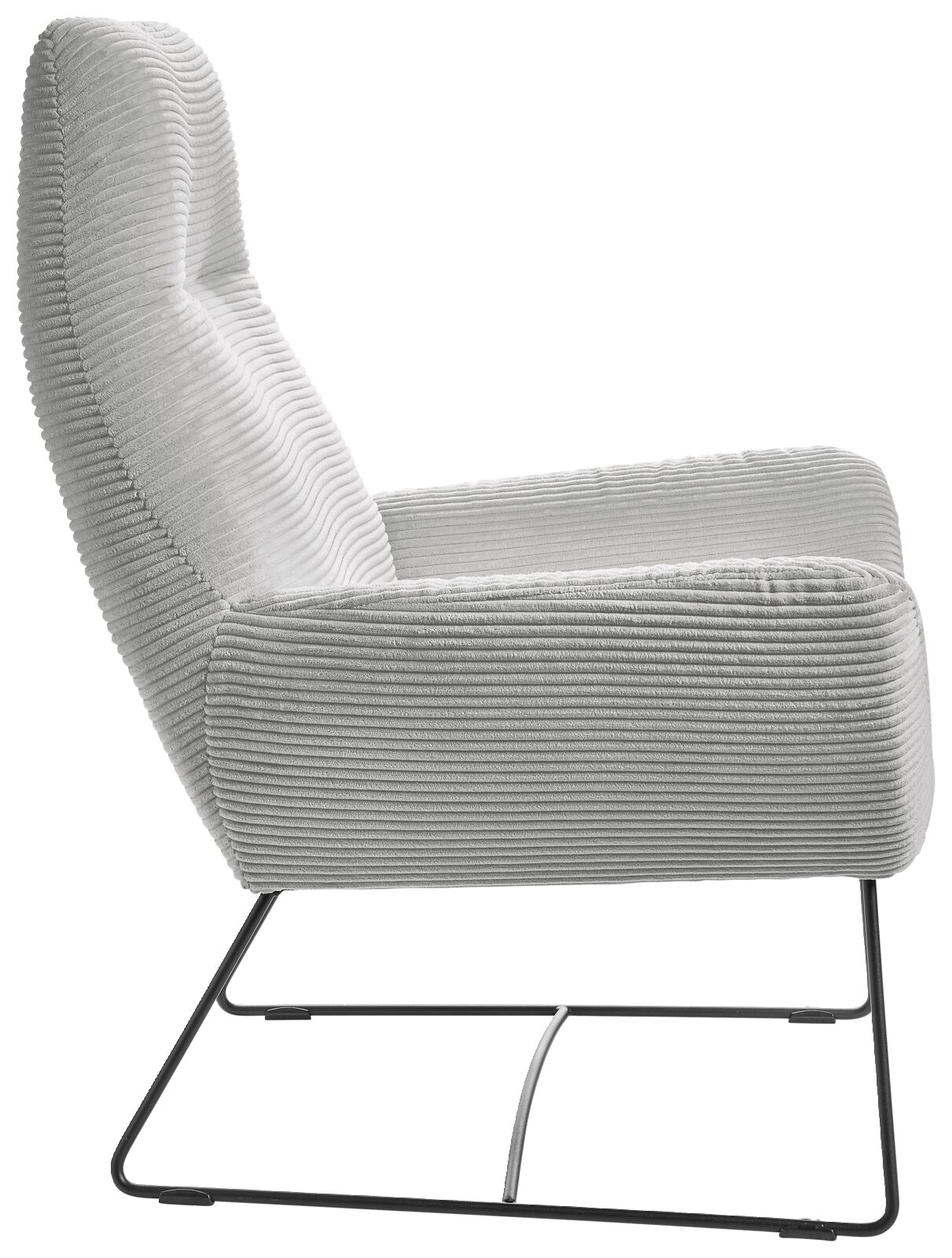 Moderner grauer Sessel mit geripptem Stoffbezug und schlankem Metallgestell, Seitenansicht.