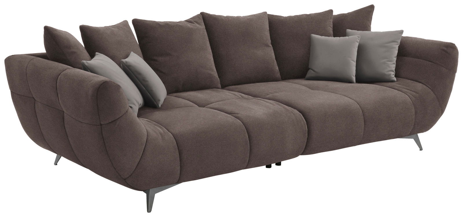 Großes, modernes Sofa in Dunkelbraun mit mehreren Kissen, seitliche Perspektive