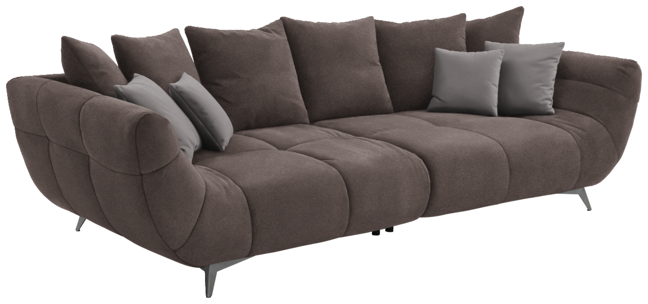 Hom´in Big Sofa FELLINI II. Großes, modernes Sofa in Dunkelbraun mit mehreren Kissen, seitliche Perspektive