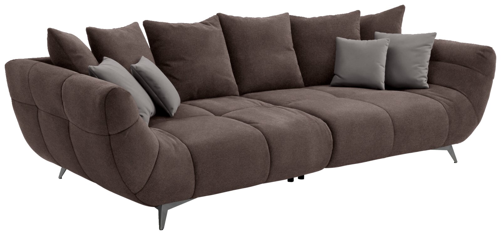 Hom´in Big Sofa FELLINI II. Großes, modernes Sofa in Dunkelbraun mit mehreren Kissen, seitliche Perspektive
