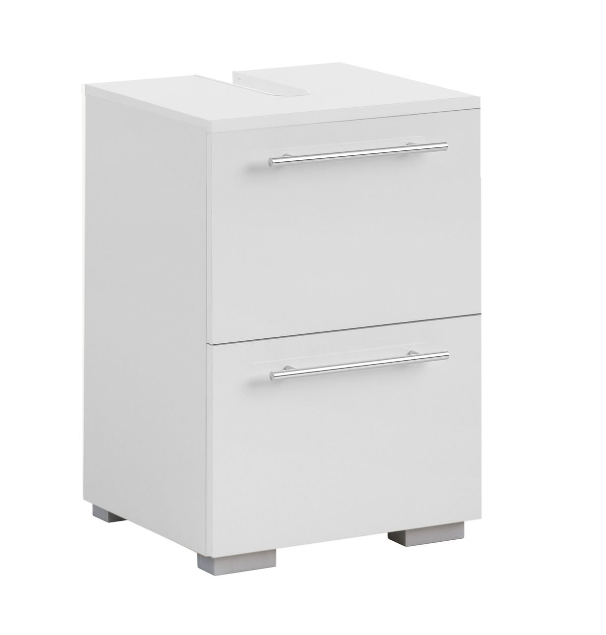 Stylife Waschbeckenunterschrank CARLOS Moderner weißer Waschbeckenunterschrank mit zwei Schubladen und silbernen Griffen, seitliche Perspektive