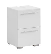 Moderner weißer Waschbeckenunterschrank mit zwei Schubladen und silbernen Griffen, seitliche Perspektive