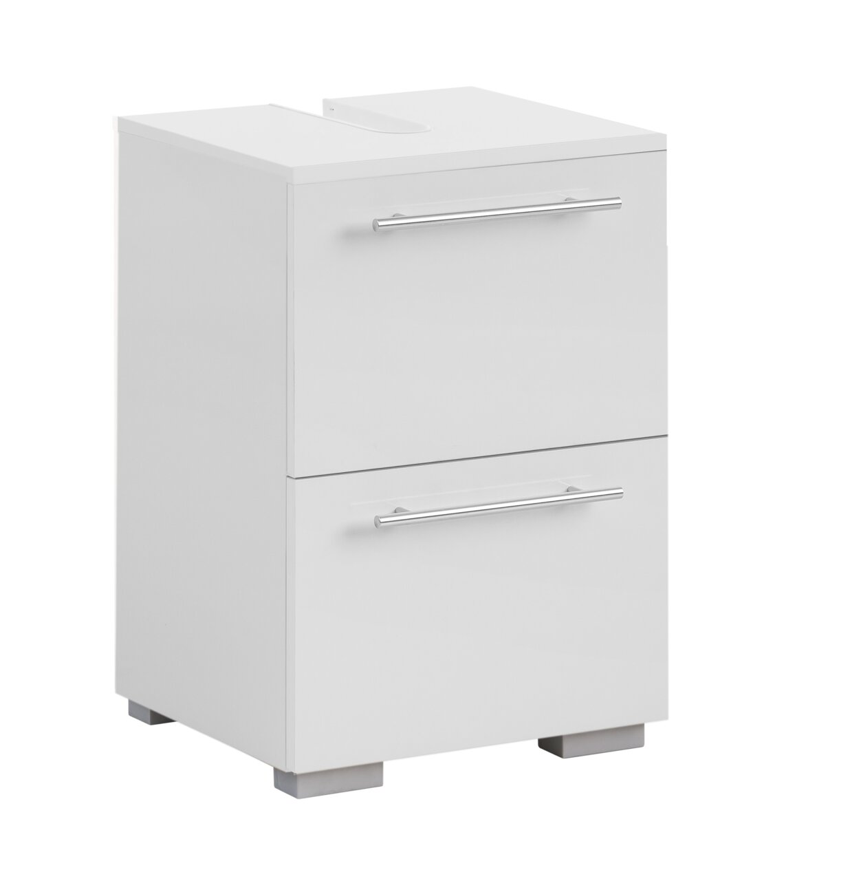 Stylife Waschbeckenunterschrank CARLOS Moderner weißer Waschbeckenunterschrank mit zwei Schubladen und silbernen Griffen, seitliche Perspektive