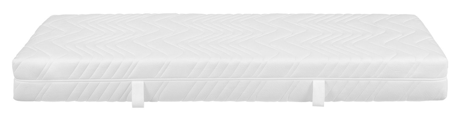 Taschenfederkernmatratze H3 in Seitenansicht mit weißem Bezug und gestepptem Muster