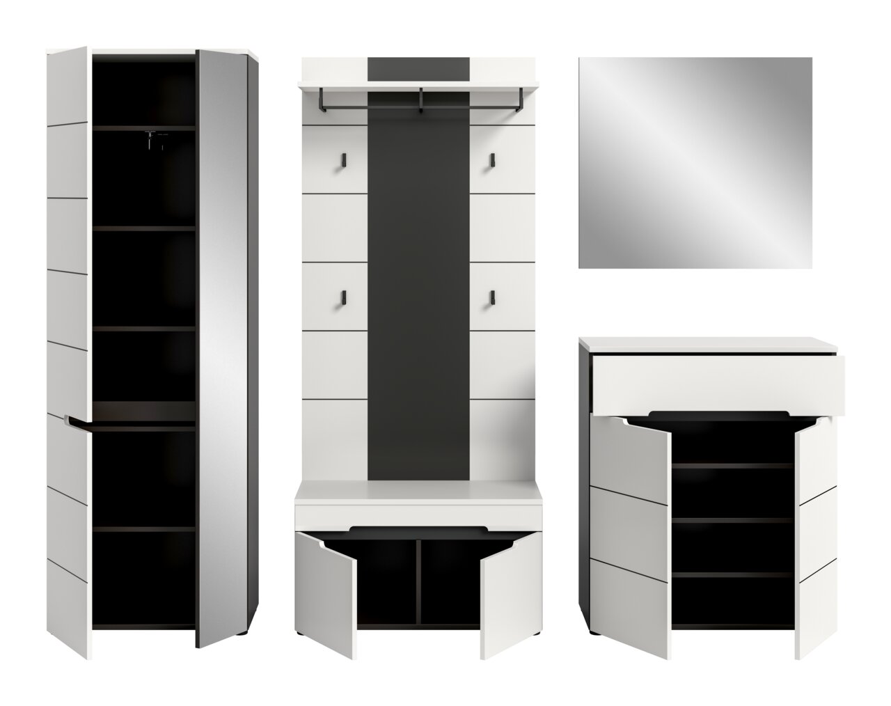 Modernes weiß-schwarzes Garderobenmöbel-Set mit Hochschrank, Garderobenpaneel mit Sitzbank und Schuhschrank, teils mit geöffneten Türen, Frontansicht